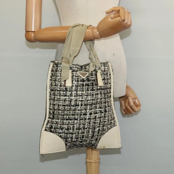 PRADA Hand Bag Tweed Leather Beige Black Silver Auth yk19291 - Picture 1 of 16